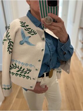 Cynthia Rowley Cream Cardigan with Blue Bird & Green Vine Embroidery